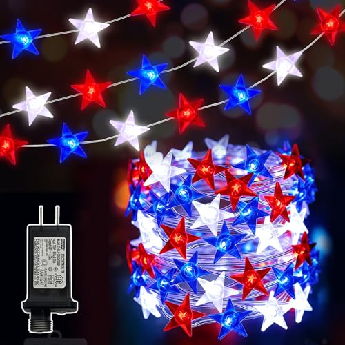LAMPHOME Red White and Blue Patriotic String Lights, 33FT 100 LED Plug in Fairy Lights with 16 Lighting Modes & Timer, 4th of July Decorations for Independence Day Memorial Day Home Garden Decor - color: Red White Blue Star, size: 100 Count