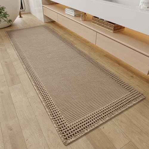 RESARE Waffle Bathroom Runner Rugs, Super Absorbent Bath Mat Non Slip Washable Quick Dry, Upgraded Ultra Soft Boho Bath Rugs with Tassels, Farmhouse Home Decor Accessories, 2'x5'(24"x60") Brown - color: Brown, size: 2' X 5'