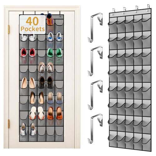 Over the Door Shoe Organizer with 40 Large Pockets, Multi-Purpose Storage for Shoe and Accessories, Durable Fabric with Adjustable Hooks for Home Closet Bedroom Entryway-Grey - color: Grey