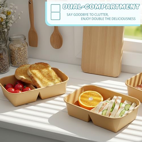 8 Pack 32oz Paper Lunch Box Bento Boxes, 2-Compartment Kraft Brown Paper Take Out Food Containers with Lids, Leakproof & Microwave Safe, Disposable To Go Boxes for Picnics, Offices, Catering, Blue - color: Blue Lid & Kraft Brown Box