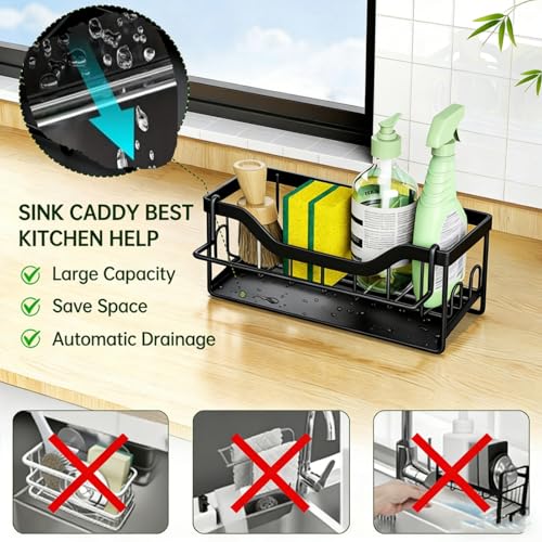 Kitchen Sink Organizer Stainless Steel Sponge Holder with Automatic Drainage Tray and Detachable Rag Rack - color: Black