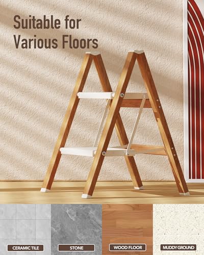 Mayi Plus 2-Step Aluminum Ladder,Lightweight Folding Step Stool with Extra-Wide Anti-Slip Steps,330 lbs Capacity,Compact Space-Saving Design for Home,Kitchen and Office（White&Woodgrain） - color: White&woodgrain, size: 2 Step