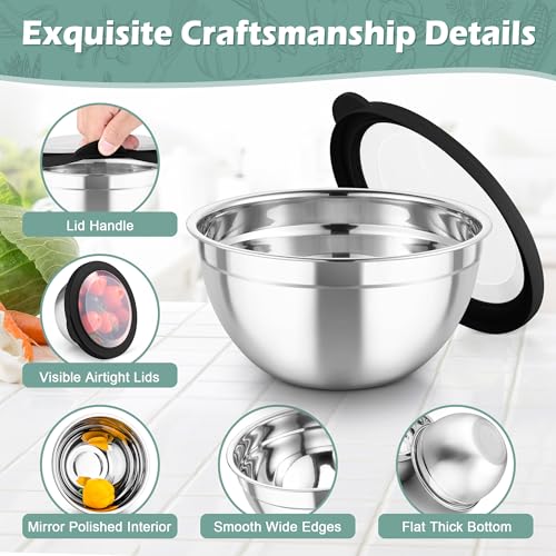TeamFar Mixing Bowls, 3PCS Stainless Steel Serving Salad Bowls with Lids & 3 Graters, For Kitchen Mixing/Baking/Storing/Prepping, Visible & Airtight, Easy Clean - 4.5/3 / 1.5 QT, Black - color: Black, style: Transparent Airtight Lids