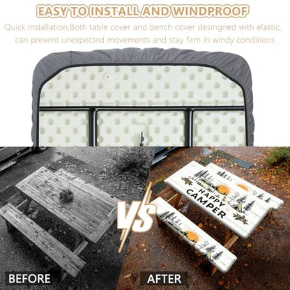 Picnic Table Cover with Bench Covers Elastic Edges, Outdoor Patio Camping Essentials 72 Inch 3PCS, Waterproof Camping Fitted Tablecloth with Handbags (Happy Camper) - color: Happy Camper, size: 72" x 30" (Rectangular)