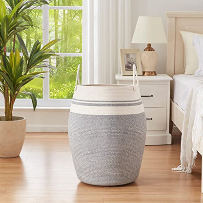 OIAHOMY Laundry Hamper Woven Cotton Rope Large Clothes Hamper 25.6" Height Modern Curve Basket with Extended Cotton Handles for Storage Clothes Toys in Bedroom, Bathroom, Foldable (White & light grey) - color: White & light grey