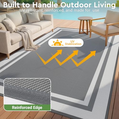 Mattitude Outdoor Rug Reversible Portable Plastic Straw Camping Rugs for Outside RV,Large Waterproof Outdoor Area Rugs for Patio,Deck,Porch,Balcony(6'x 9',White&Gray) - size: 6' x 9' (Rectangular)