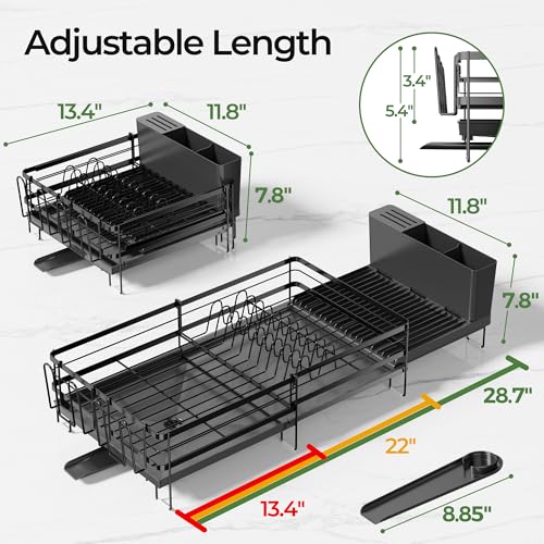 Large Dish Drying Rack, Expandable Dish Rack, Stainless Steel Dish Racks for Kitchen Counter, Multifunctional Dish Drainer with Utensil & Cup Holder, 13.4"-28.7" L x 11.8" W, Black - color: Black, size: 1 Tier