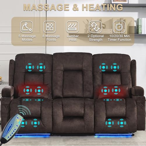 URRED Power Loveseat Recliner Sofa with Massage and Heat, Wall Hugger Reclining Loveseat with Console, RV Couch Home Theater Seating with LED Lights for Living Room (Brown, 76.8" - 3 Seats) - color: Brown, size: 76.8" - 3 Seats