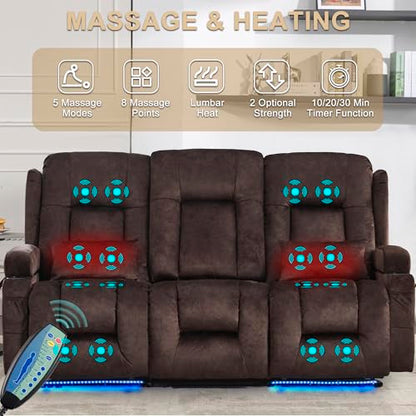URRED Power Loveseat Recliner Sofa with Massage and Heat, Wall Hugger Reclining Loveseat with Console, RV Couch Home Theater Seating with LED Lights for Living Room (Brown, 76.8" - 3 Seats) - color: Brown, size: 76.8" - 3 Seats