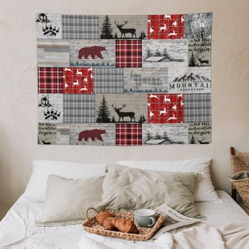 Rustic Cabin Tapestry Bear Deer Country Lodge Forest Wild Animal Red Black Buffalo Plaid Hunting Camping Farmhouse Vintage Wall Tapestries Hanging for Bedroom Living Room Dorm Party Decor 30x40in - color: Bear-13, size: 40"Wx30"L