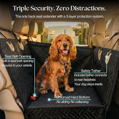 Dog Car Seat Cover with Hard Bottom – Back Seat Extender for Dogs Up to 35 lbs, Waterproof Non-Slip Hammock, Rigid Reinforced Base with Triple Security System, Storage Pockets, fits Cars SUVs Trucks - color: Black