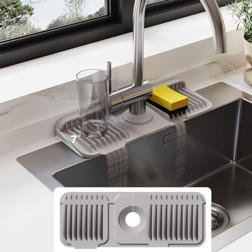 24 Inch Silicone Faucet Mat for Kitchen Sink Splash Guard - 7° Slope Water Draining Mat With Fasten Button for Bathroom Area (Gray, 14.6''x5.5'') - color: Gray, size: 14.6''x5.5''