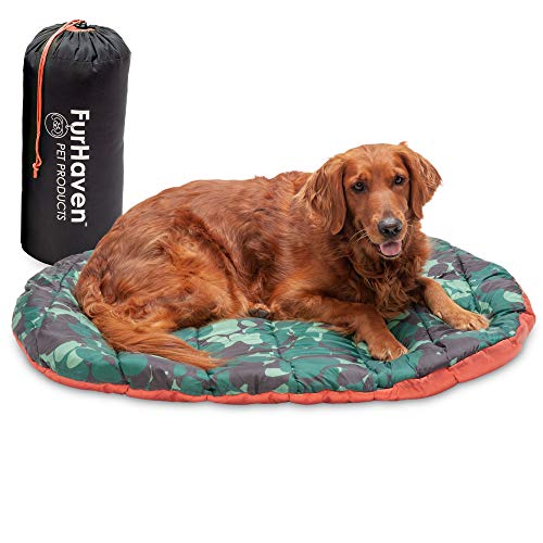 Furhaven Outdoor Travel Dog Bed for Large/Medium Dogs w/ Carry Bag, Washable & Foldable, Great for Crates & Kennels - Trail Pup Travel Pillow Mat w/ Stuff Sack Bag - Paprika/Camo-Paw, Large - color: Paprika/Camo-Paw, size: Large
