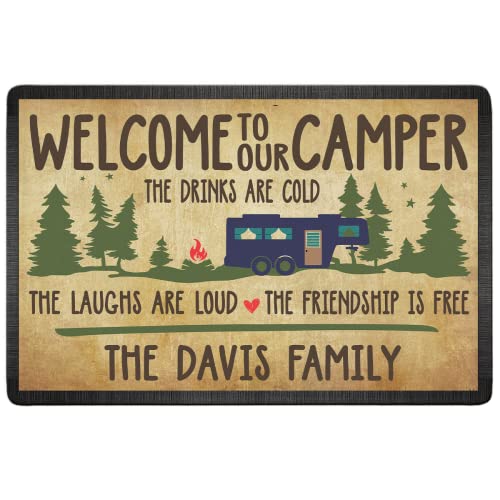 Personalized Welcome to Our Camper Doormat - Custom Family Name The Drinks are Could The Laughs are Loud The Friendship is 16 x 24 inches - color: Style 2