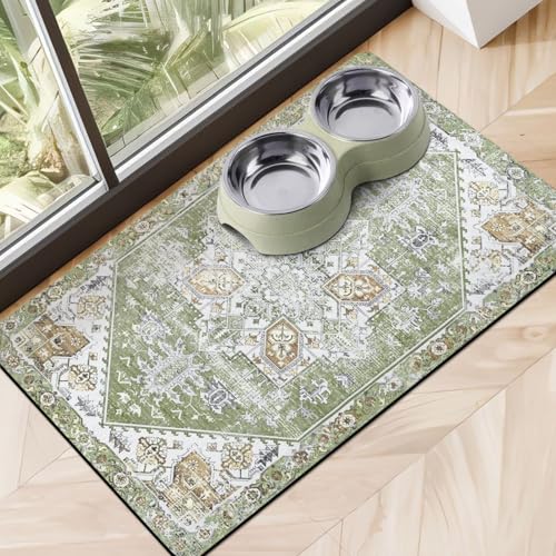 Dog Food Mats for Floors, Absorbent Dog Bowl Mat for Food and Water Dispenser Mat, Quick Dry Cat Food Mat Pet Supplies - color: Green, size: M(16"×24")