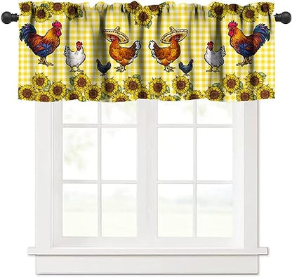 Rooster Window Valance, Western Farm Chicken Sunflower Retro Yellow Buffalo Grid Print Rod Pocket Short Window Treatments for Home Kitchen Living Room Bedroom, 54x18in - color: Farmhouse Animal-11
