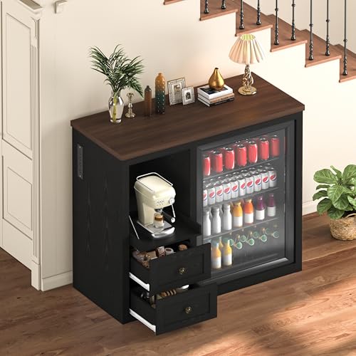 47.2" Coffee Bar Cabinet with Mini Fridge Space, Farmhouse Wine Bar Cabinet with Storage Drawers, Fridge Cabinet with Power Outlet, Sliding Shelf for Kitchen Dining Room, Black - color: Black, size: 23" D x 47" W x 40" H