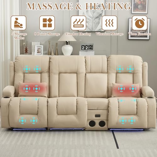 TUNYI Power Loveseat Recliner Sofa with Massage & Heat Home Theater Seating with Console RV Recliner Loveseat Sofa with USB/Storage/Side Pocket/LED Light/Speaker (Beige, 3 Seat with Console) - color: Beige, size: 3 Seat with console