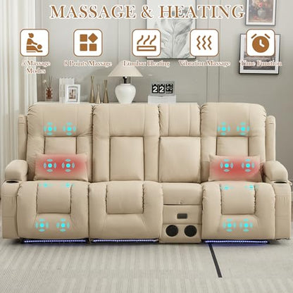 TUNYI Power Loveseat Recliner Sofa with Massage & Heat Home Theater Seating with Console RV Recliner Loveseat Sofa with USB/Storage/Side Pocket/LED Light/Speaker (Beige, 3 Seat with Console) - color: Beige, size: 3 Seat with console