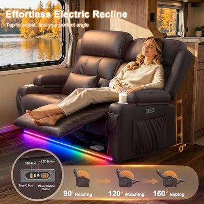 Power RV Loveseat Recliner Sofa, Reclining Loveseats Couch for RV Furniture, Home Theater Seating with Heat Massage, USB, Insert Pockets, Cup Holders, 150° Wall Hugger RV Recliners Sleeper Sofas - color: Brown, size: Loveseat-G1-Power