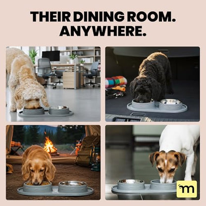 MalsiPree Puppy Slow Feeder & Water Bowl Set - 2-in-1, Gray | 2-in-1 silicone mat with 2 steel bowls - Use for puppies, slow feeding, adoption gifts & training
