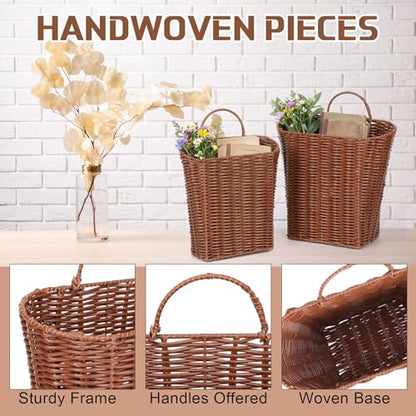 2 Pack PE Rattan Hanging Wall Basket Wicker Hanging Basket for Front Door Mail Flowers Books Accessories Organizing Boho Rustic Farmhouse Wall Decor (Oval Opening)
