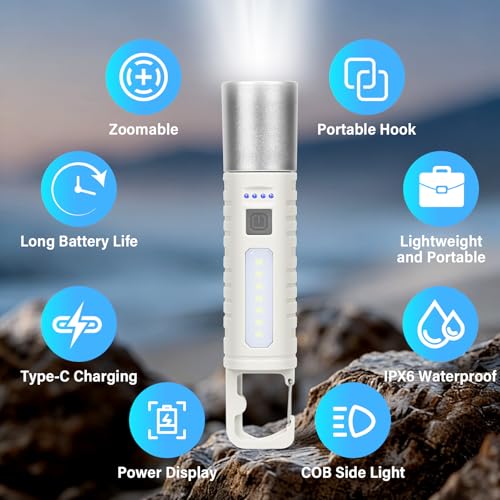 Small Rechargeable LED Flashlight, 500LM Ultra-Lightweight Handheld Light with COB Side Light, Zoomable, 4 Modes, USB-C, Perfect for Camping, Power Outage, Home Emergency