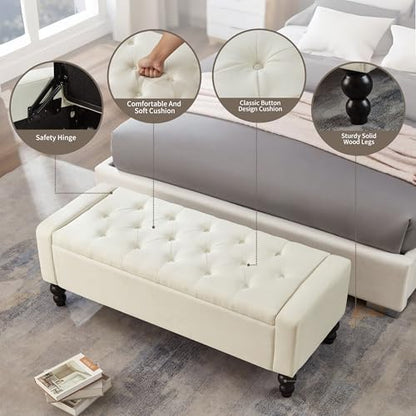 50" W Storage Ottoman Bench with Safety Hinge, Load up to 660 lb Ottoman with Storage, Upholstered Tufted Entryway Bench with Seating for Living Room, Bedroom, (Beige) - color: Beige