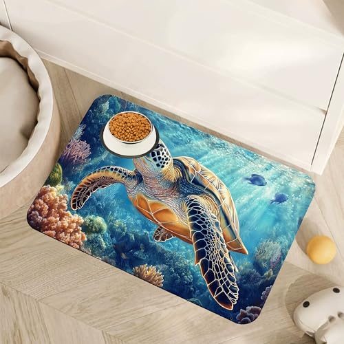 Turtle Dog Cat Food Mat,Coral Fish Absorbent Pet Feeding Mat for Food and Water,Non-Slip Dog Bowl Mats Floor Protector 12"x20" - color: Turtle Coral Fish, size: 12"×20"