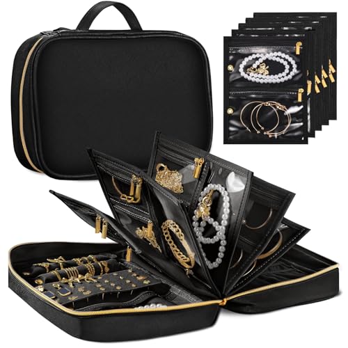 Travel Jewelry Organizer Case for Women, Jewelry Travel Case with 5 Zipper Pouches, Jewelry Organizer for Necklaces Earrings Rings Bracelets, Travel Jewelry Storage Bag (Black) - color: Black