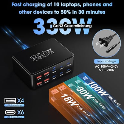 330W 10-Port USB C Charging Station, PD 100W 65W 45W 30W 20W Laptop & Phone Desktop Fast Charger Hub, Compatible with MacBook Pro/Air, iPhone 17/16/15/Pro, iPads, Galaxy