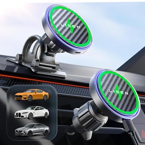 LISEN 15W MagSafe Car Mount Charger,[Carbon Fiber] Magnetic Wireless Car Charger, Dashboard & Air Vent Car Phone Mounts, Magnetic Phone Holder for Car Mount for iPhone 17/16/15/14/13/12, Samsung Pixel | Carbon Fiber 15W Magsafe Car Mount Charger, 2 in 1 D