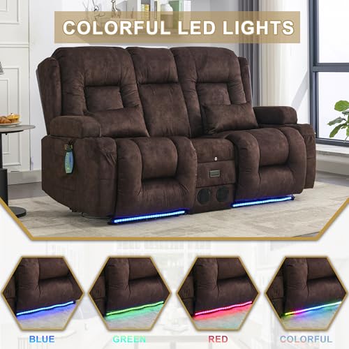 URRED Power Loveseat Recliner Sofa with Massage and Heat, Wall Hugger Reclining Loveseat with Console, RV Couch Home Theater Seating with LED Lights for Living Room (Brown, 67" - 2 Seats) - color: Brown, size: 67" - 2 Seats