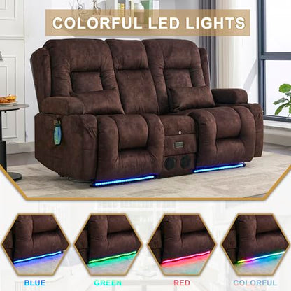 URRED Power Loveseat Recliner Sofa with Massage and Heat, Wall Hugger Reclining Loveseat with Console, RV Couch Home Theater Seating with LED Lights for Living Room (Brown, 67" - 2 Seats) - color: Brown, size: 67" - 2 Seats