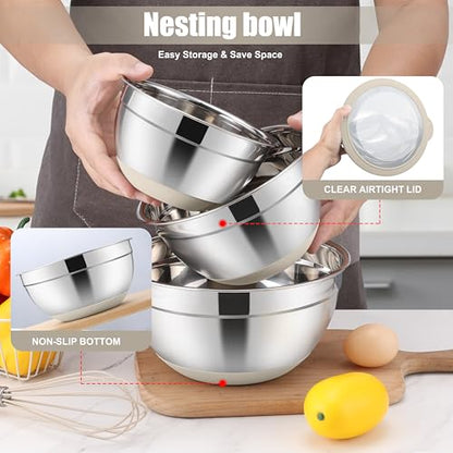 E-far Mixing Bowls with Lids Set, 15PCS Stainless Steel Mixing Nesting Bowl with Colander & 3 Metal Grater for Kitchen Prep/Baking/Storage, Non-Slip Bottom & Airtight Lid, 4.6, 3, 1.5, 1, 0.7QT, Khaki - color: Khaki