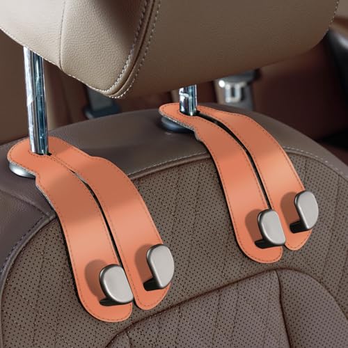 CoBak Purse Hook for Car - Universal Premium Stitched Leather and Aluminum-Magnesium Alloy Double Car Seat Back Storage Hook for Purses, Handbags, Bags (2 Pack),Coral Orange - color: Coral Orange, size: 2-Hooks