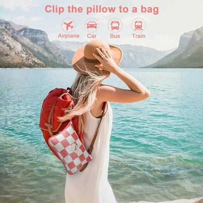Travel Blanket and Pillow Compact, Premium Soft 2 in 1 Airplane Blanket with Soft Bag Pillowcase，Hand Luggage Sleeve and Backpack Clip (Ckeckered Pink) - color: Checkered Pink