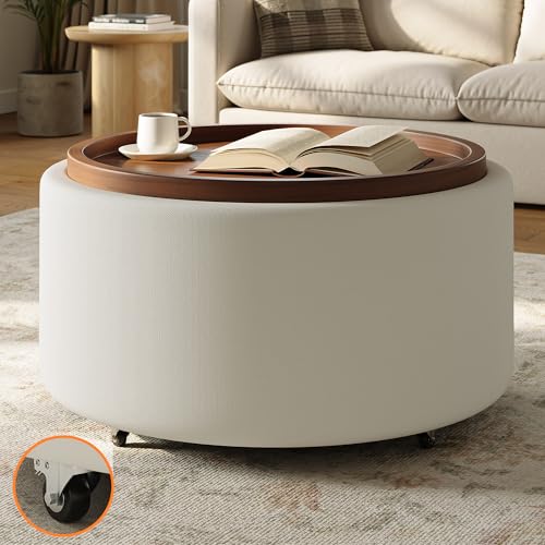 Round Storage Ottoman Coffee Table with Walnut Tray, 30'' Round Ottoman with Storage, Modern Upholstered Coffee Table with with 4 Casters for Living Room, Linen Fabric, Beige - color: Beige