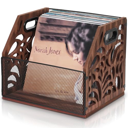 Vinyl Record Storage, Wooden Record Holder, Magazine Holder, Magazine Rack for Desktop and Home Office, Record Crate Storage for Albums, Book, Files, Holds up to 70+ Records - color: Brown