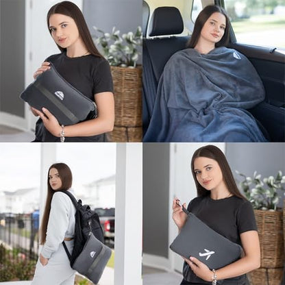 BlueHills Premium 2 Pack Travel Blanket Pillow in Mini Soft Case Plush Airplane Blanket in Bag Compact Luggage Belt Plane Pillows Gifts Long Flight Blankets Essentials Gray M21 - color: Gray-2pk-m21