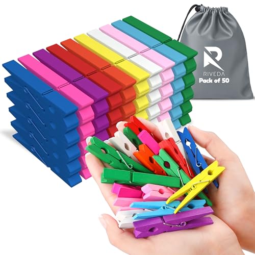 RIVEDA 50pcs Colored Wooden Clothes Pins, 2.9inch 10 Colors, Clothespins for Classroom, Clip Hanging Photos, DIY Clips for Crafts, Decorations - color: Colored