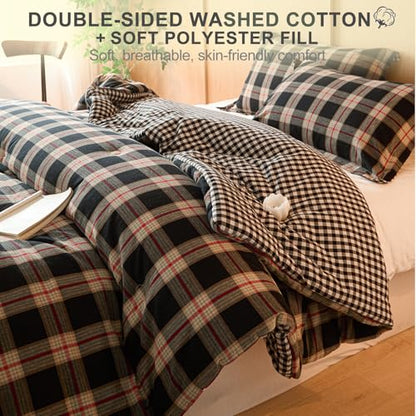 100% Cotton Comforter Set Full Size – Reversible Yarn-Dyed Checkered Design, Soft Washed Cotton on Both Sides, Lightweight All-Season Bedding, Machine Washable(Black Red Plaid, 80”x90”) - color: Black Red, size: Full(80"x90")