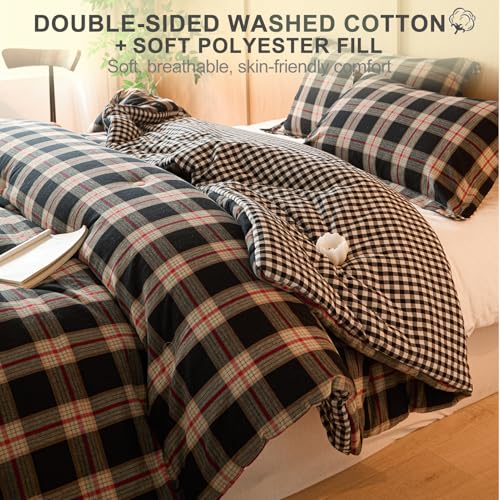 100% Cotton Comforter Set Queen Size – Reversible Yarn-Dyed Checkered Design, Soft Washed Cotton on Both Sides, Lightweight All-Season Bedding, Machine Washable(Black Red Plaid, 90”x90”) - color: Black Red, size: Queen(90"x90")