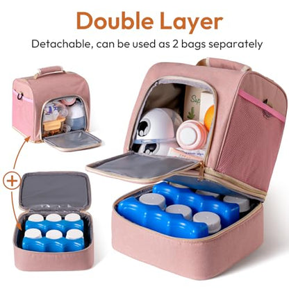 NCVI Breast Pump Bag, Double Layer Removable Pump Bag for Spectra S1, S2, Medela, Breast Pump Backpack with Ice Pack, Insulated Breast Milk Cooler Bag for Working Nursing Moms, Pink - color: Pink