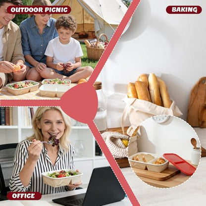 8 Pack 32oz Paper Lunch Box Bento Boxes, 2-Compartment Food Storage Containers with Lids, Leakproof Soak-Proof and Microwave Safe, Disposable To Go Boxes for Picnics, Offices, Catering, Red Lid - color: Red