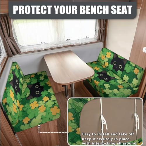 Cat Shamrock 3 Pcs RV Dinette Cushion Covers Anti-Slip Camper Cushion Slipcover Stretch 2 Seat Sofa Chair Covers St. Patrick's Day Accessories Backrest Cover and Pillowcase - color: Cat Shamrock