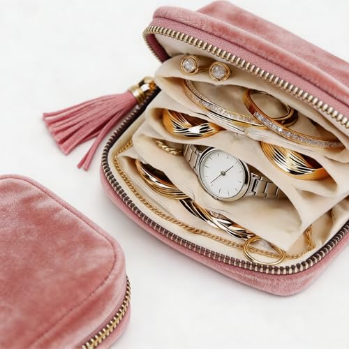 Small Travel Jewelry Pocket Case with Zipper for Women | 6-Layer Soft Velvet Organizer Pouch, Anti-Scratch Portable Bag for Bracelets, Rings, Earrings & Necklaces, Use&Gift (Pink) - color: Pink