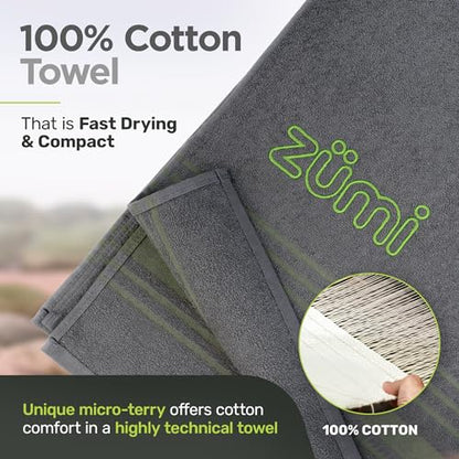 Zumi MINI 100% Cotton Camping Travel Towel - Small, Ultralight, Fast Drying, Highly Absorbent, Soft and Gentle on the Skin, Safe for the Planet (28"x13" Gray) - color: Gray Mini
