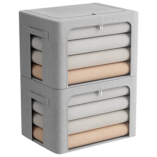 FHSQX 2 Pack Clothes Storage Bins Stackable Metal Frame Storage Box Large Capacity Foldable Linen Fabric Box Organizer with Carrying Handles and Clear Window (Light Gray, 19.7x 15.7x 12.6 Inch) - color: Light Gray, size: 19.7x 15.7x 12.6 Inch
