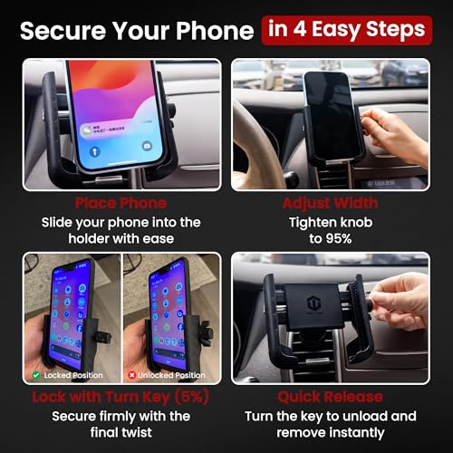 Car Phone Holder for Air Vent – Easy One-Hand Drop & Lock Car Phone Mount, Secure & Stable 360° Adjustable Vent Holder, Universal Cell Phone Mount for iPhone Samsung Android, Military Grade